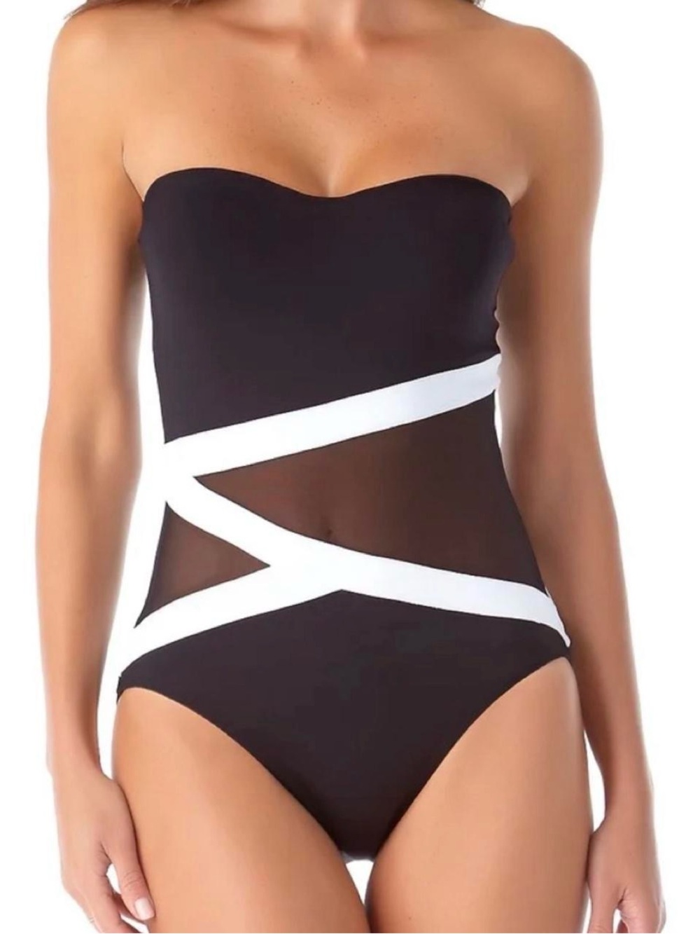 NWT Anne Cole Black/White Asymmetric Colorblock Mesh Cutout One Piece, Size 6.